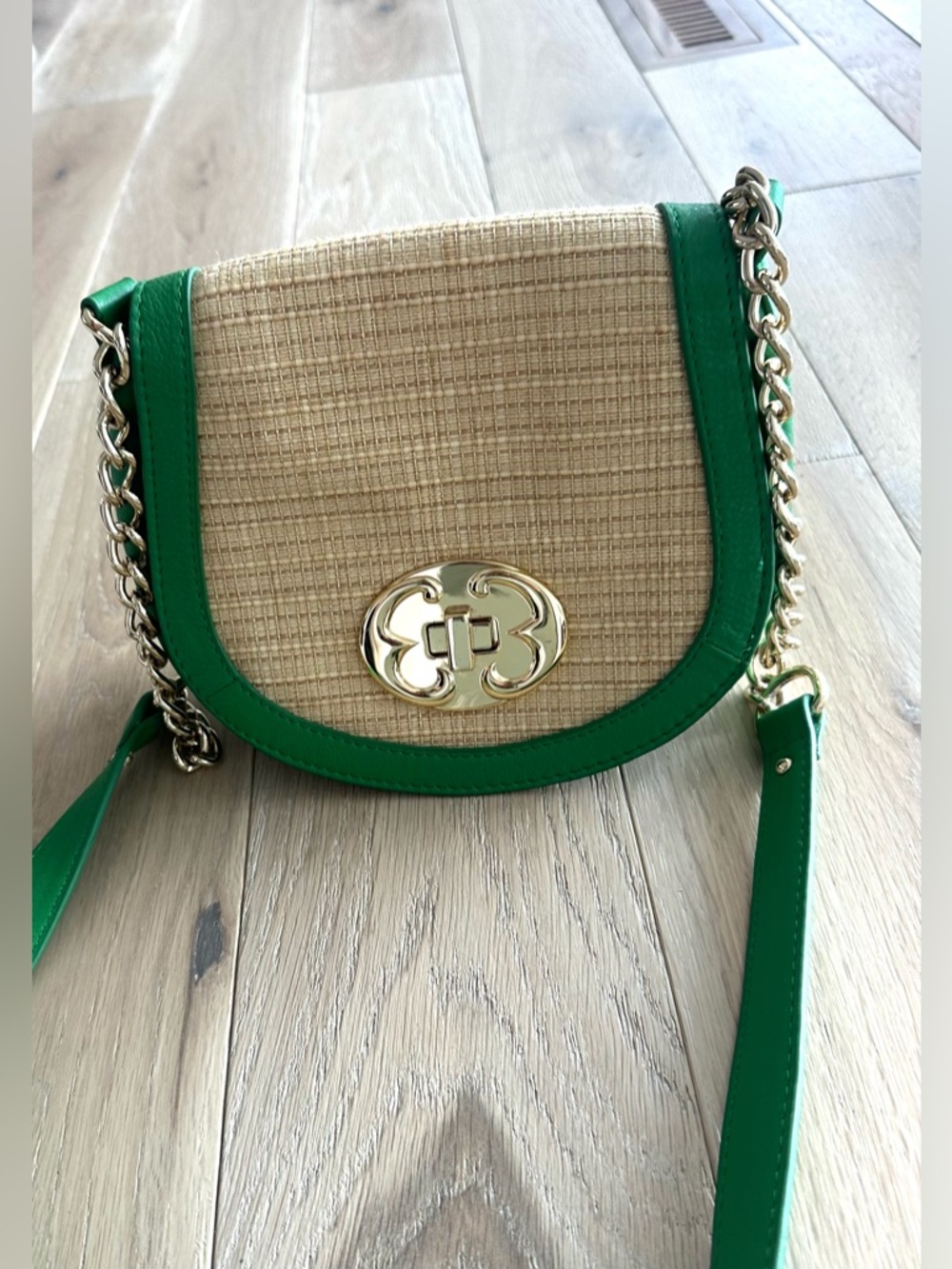 Emma Fox Genuine Leather Green & Tan Crossbody Bag with Gold Accents